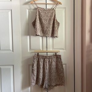 American Eagle Gingham Floral Embroidered Crop Tank and Shorts Matching Set